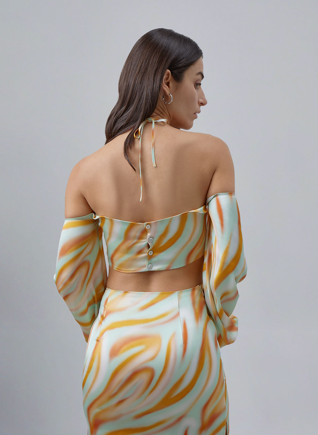 Off-the-shoulder Lantern Cuff Silk Blouse