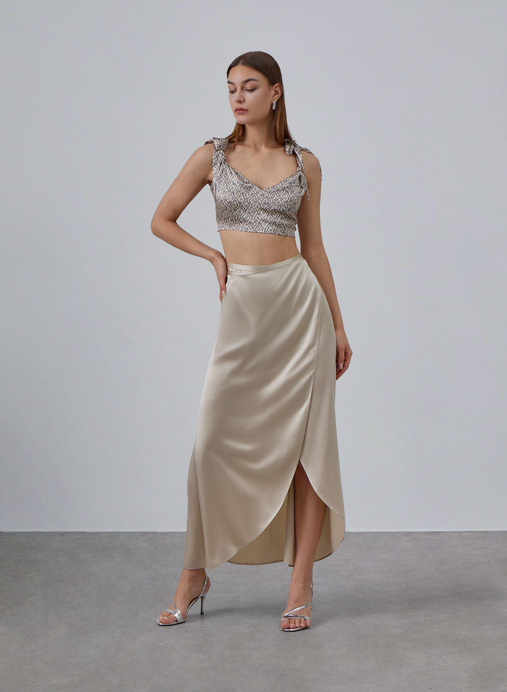 Geometric Print Tie-Strap Silk Cropped Top