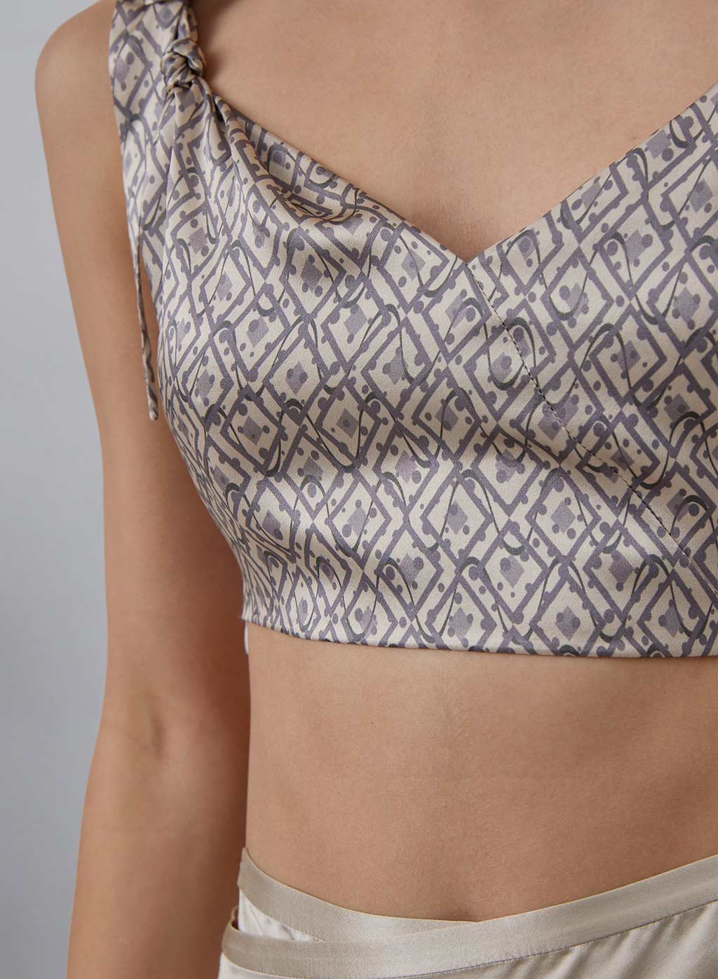Geometric Print Tie-Strap Silk Cropped Top