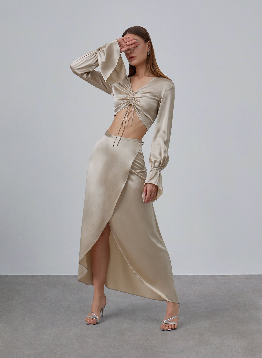 Ruched Front Long Sleeve Cropped Silk Top