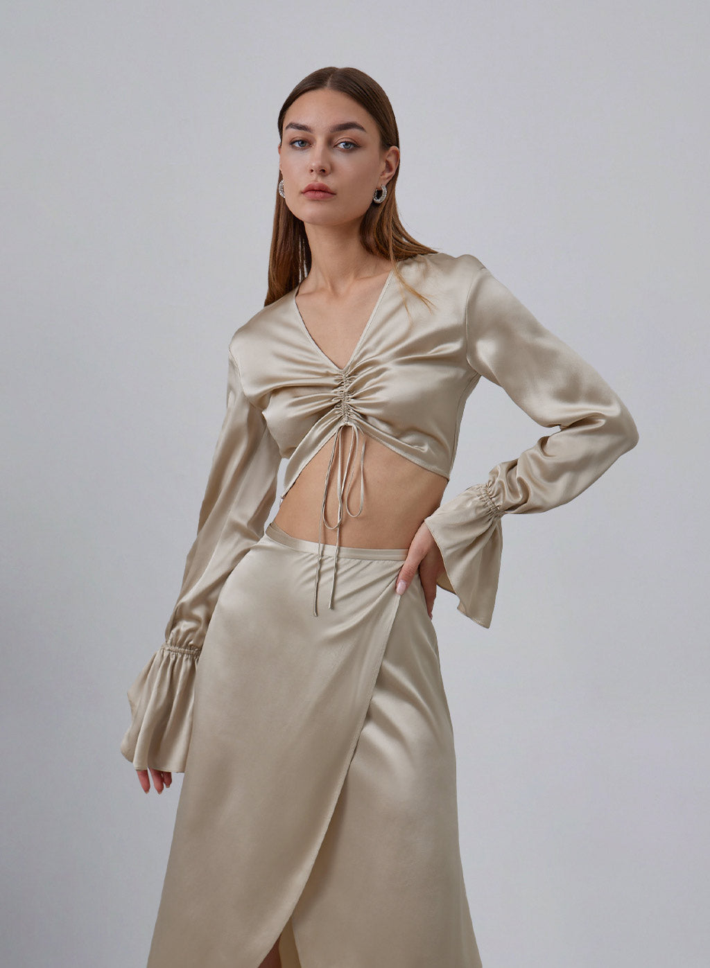 Ruched Front Long Sleeve Cropped Silk Top