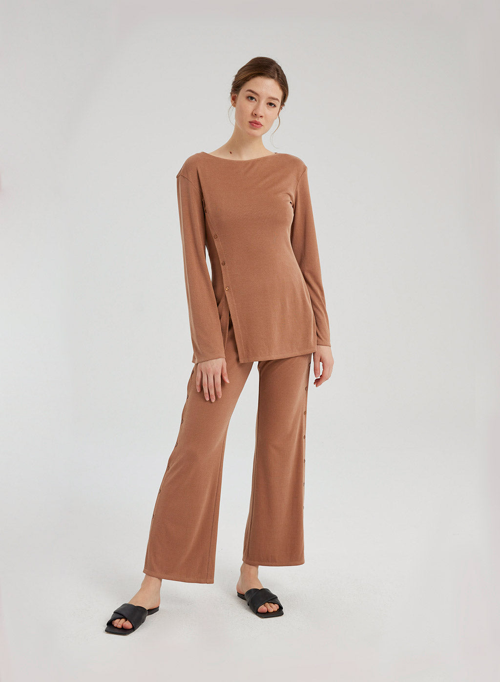 Rib-knit Flare Leg Button Pants
