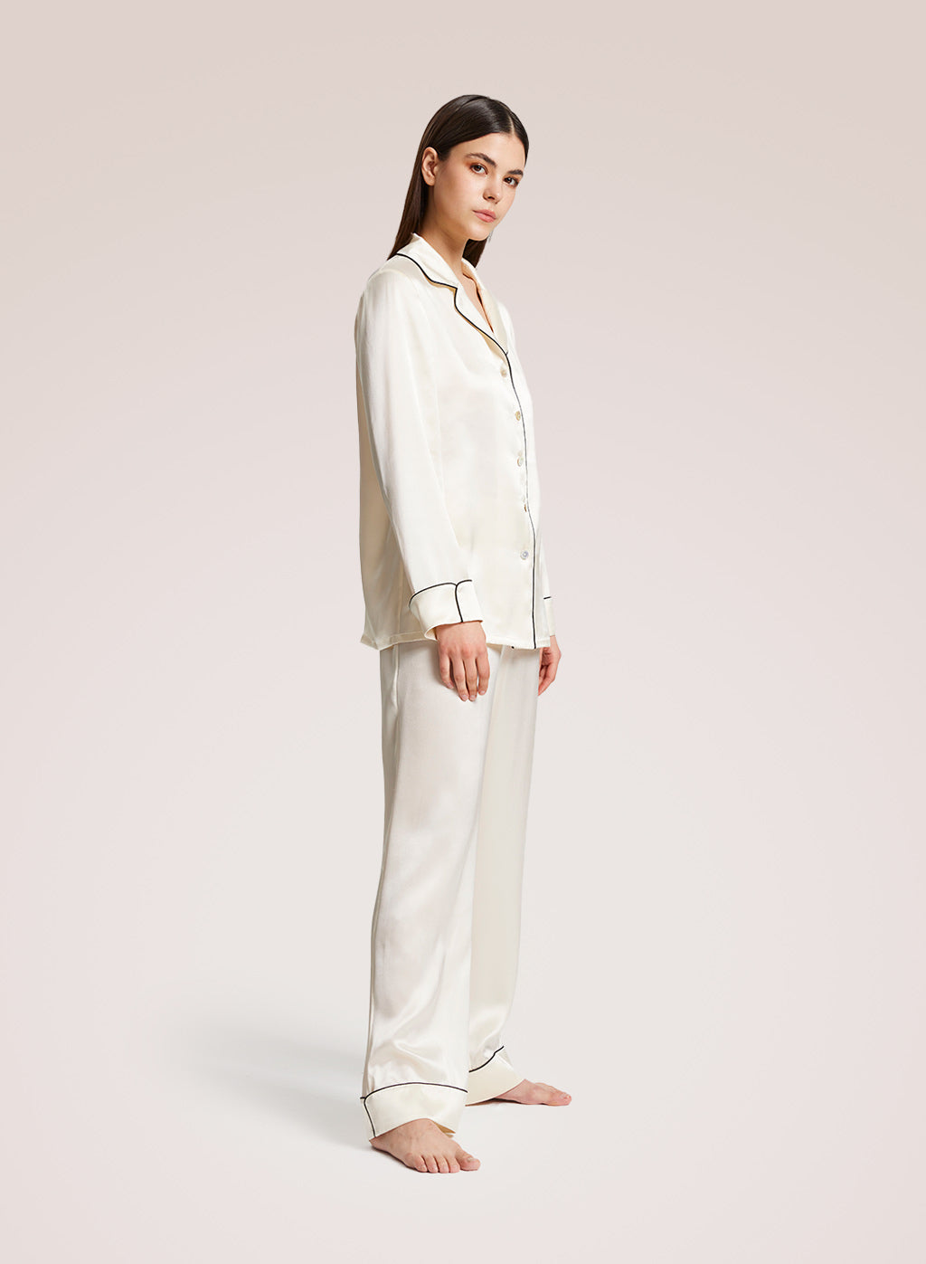 Maison Ivory Piped Silk Pajama Shirt