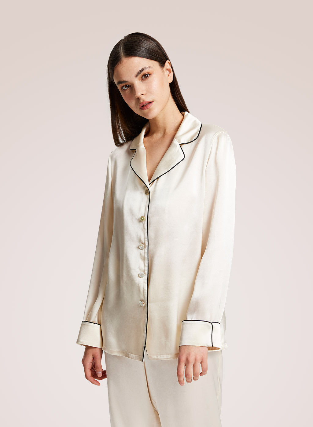 Maison Ivory Piped Silk Pajama Shirt