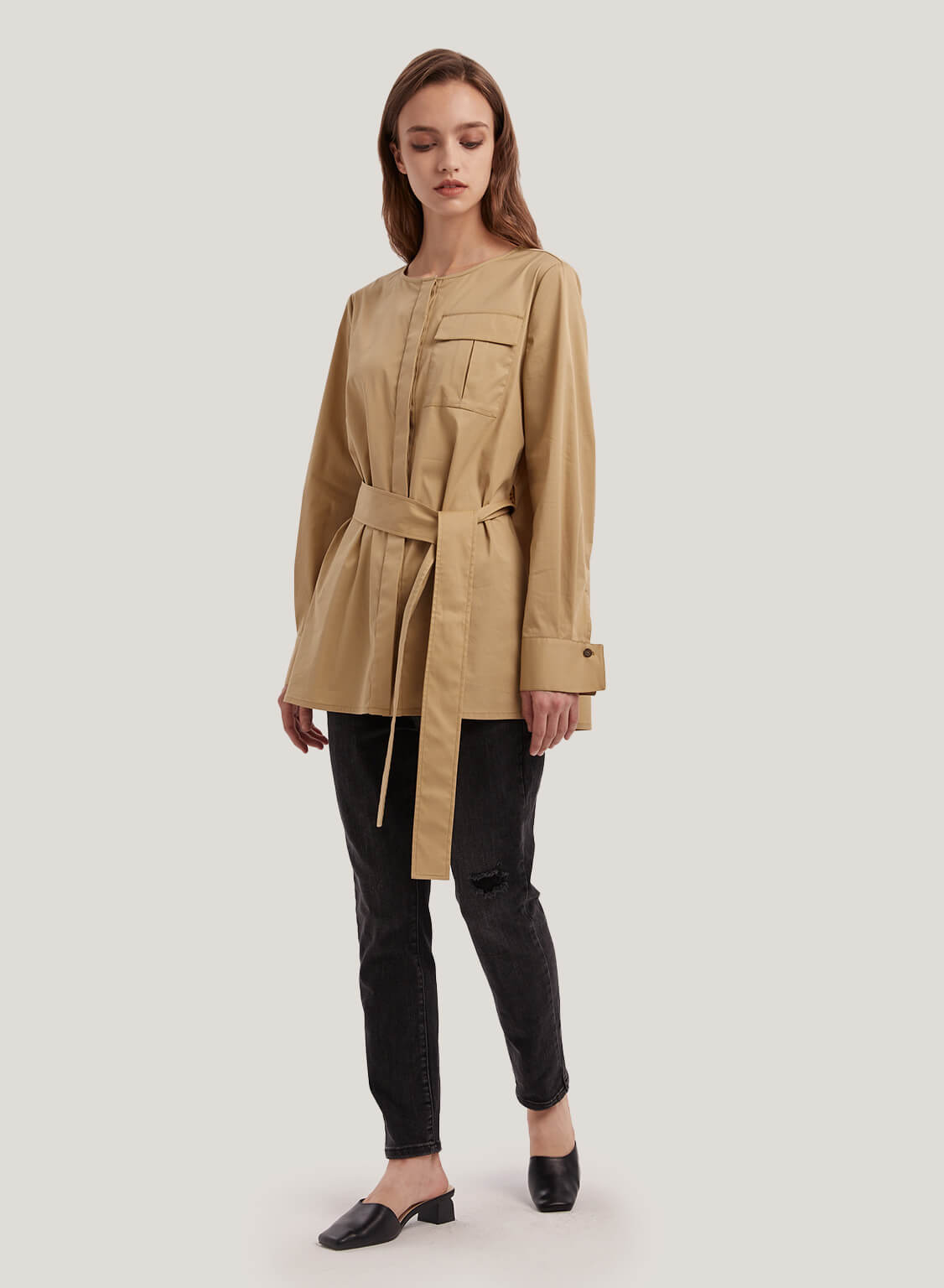 Self-Tie Belt Cotton-Blend Blouse