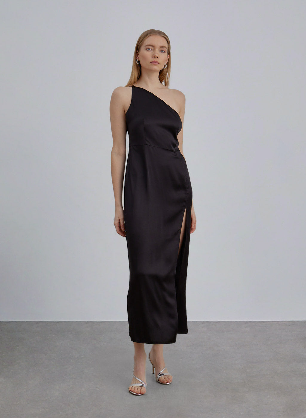 One Shoulder Side Slit Silk Dress