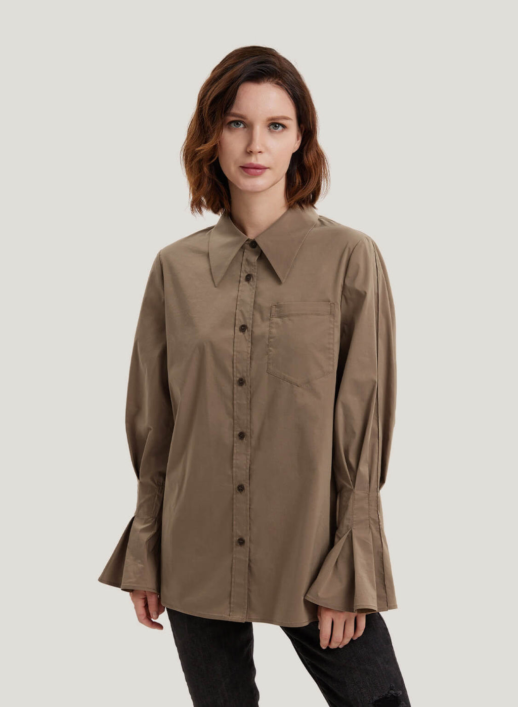 Flounce-Sleeve Tailored Cotton-Blend Top