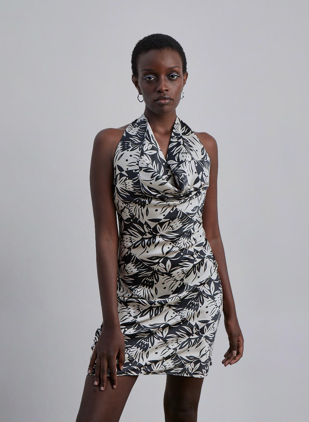 Tropical Print Halter Neck Silk Mini Dress