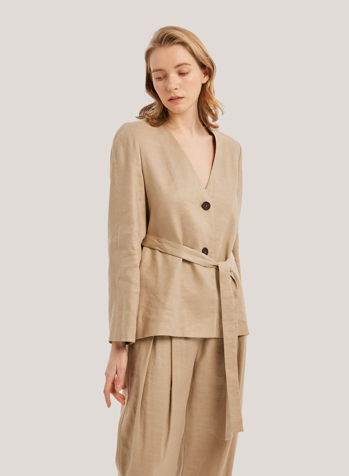 V-Neckline Linen Casual Blazer