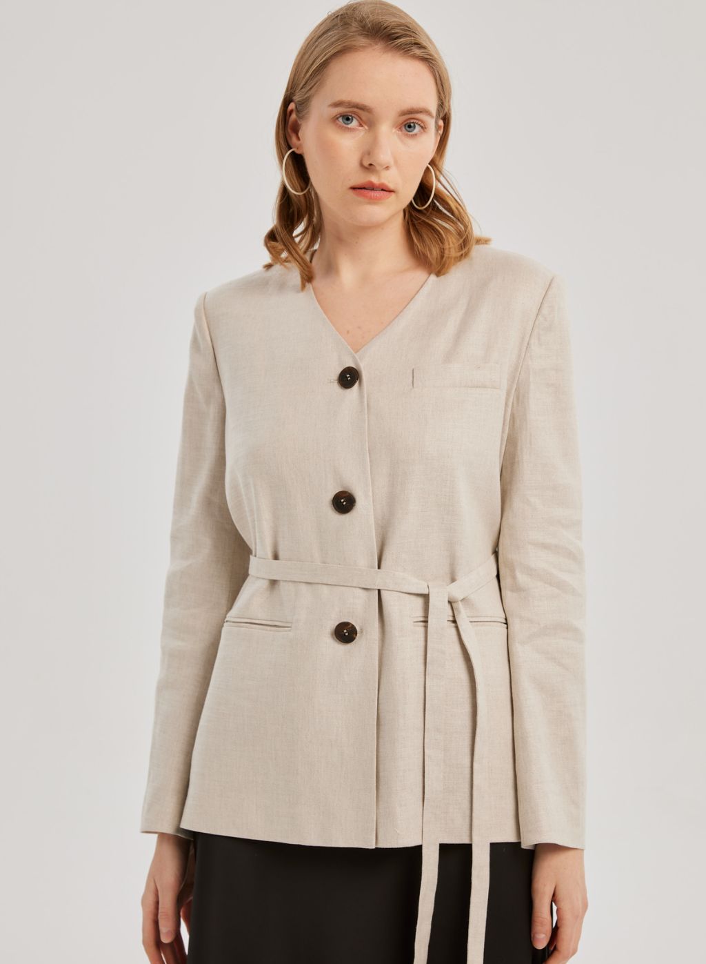 Collarless Buttoned Linen Belted Blazer