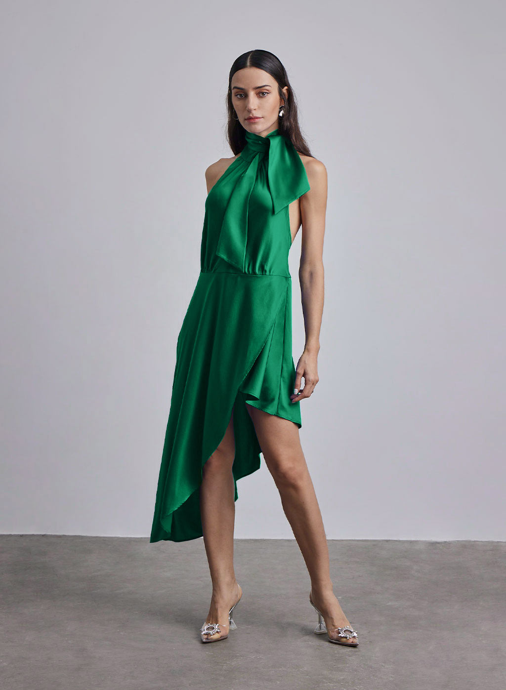 Halter Neck-Tie Hi-Low Silk Midi Dress