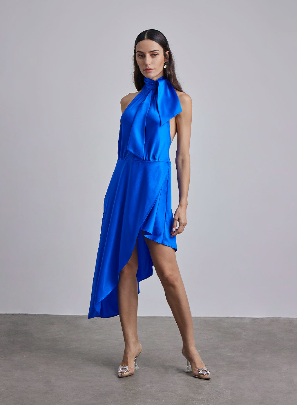 Halter Neck-Tie Hi-Low Silk Midi Dress