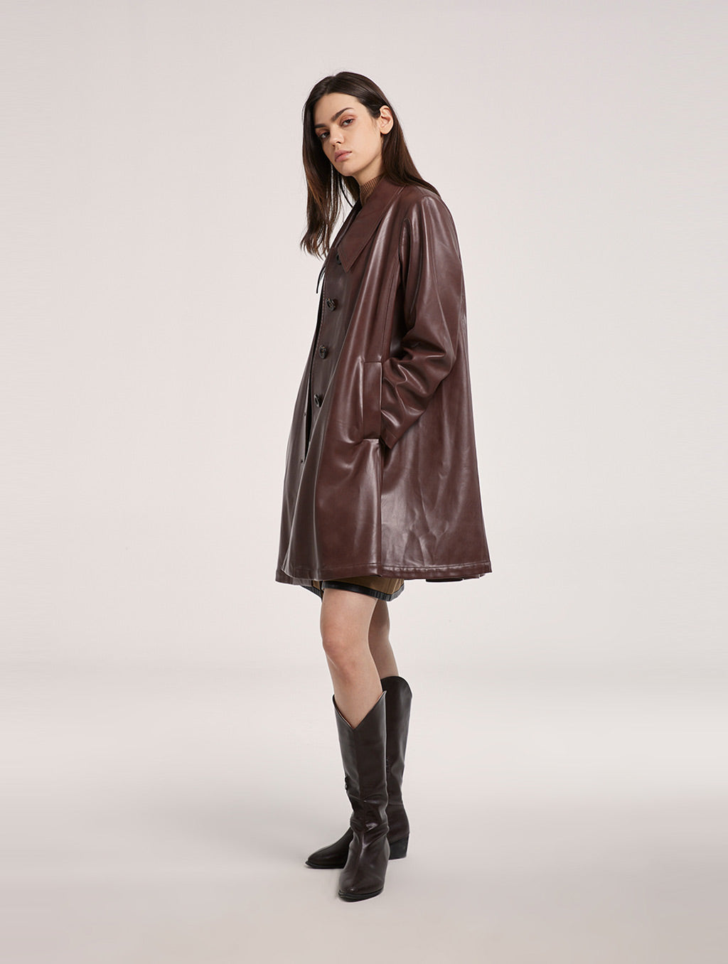 A-Line Buttoned Faux Leather Coat