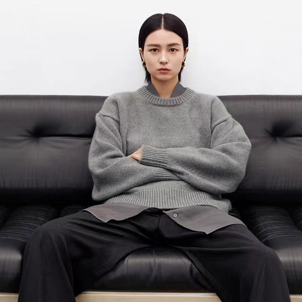 Heavy 710g merino wool back pit strip silhouette loose pullover wool sweater