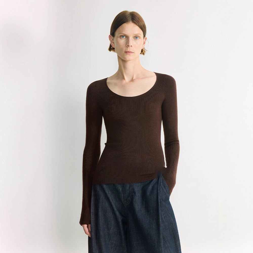 Washable fine wool nude 16-pin seamless all-in-one knitted bottoming shirt women's clothing