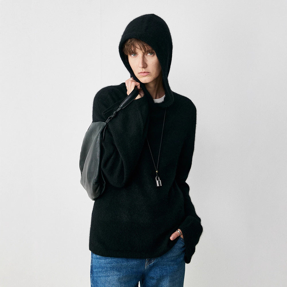 Skin Enjoy Cloud Mulberry Silk Cashmere Extremely Simple Classic Air Crew Neck Hooded Knitted Sweater