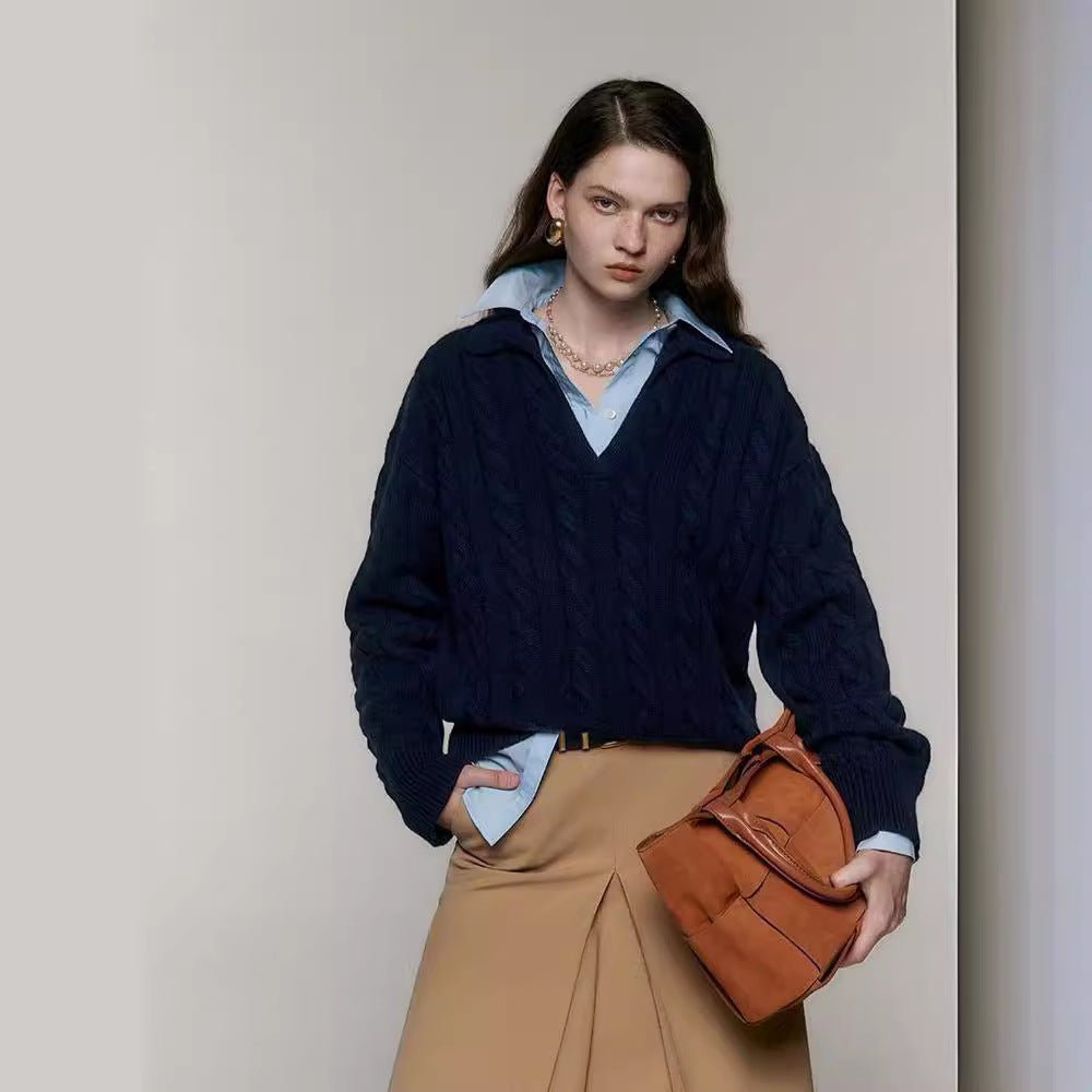 25 autumn and winter new Ralph old money style Maillard color twisted half open full wool polo wool sweater top women