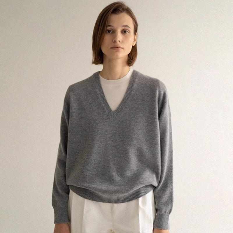 V-neck sweater women's 2025 spring and autumn new lazy wind gray wool blended knitted sweater women's clothing