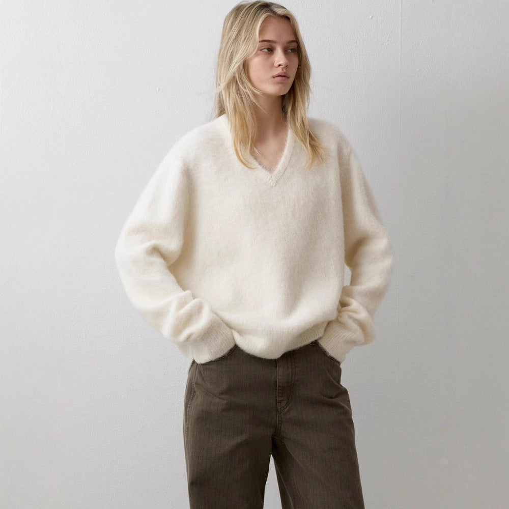 autumn and winter new V-neck alpaca wool knitted sweater loose and versatile fashion thin sweater women