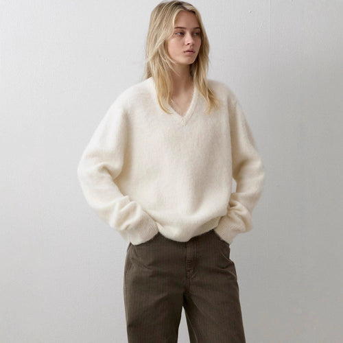 autumn and winter new V-neck alpaca wool knitted sweater loose and versatile fashion thin sweater women