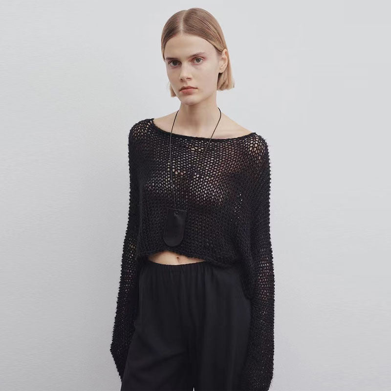 hollow blouse women's 2025 spring and summer casual solid color thin loose sunscreen super long-sleeved knitted sweater