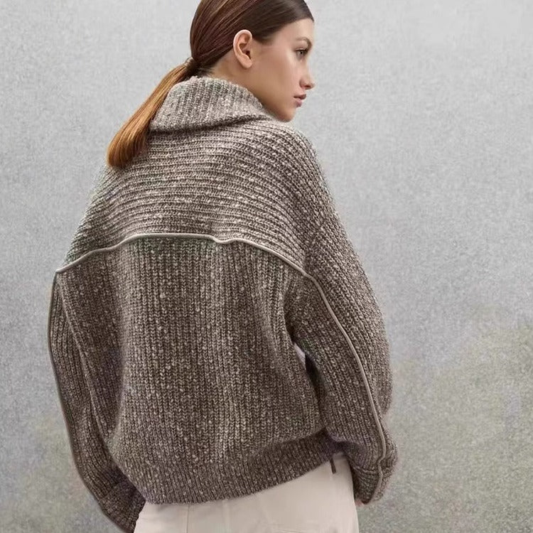 High-necked half-placket hemmed wool sweater women's 2025 spring and autumn new lapel thickened knitted sweater women's clothing