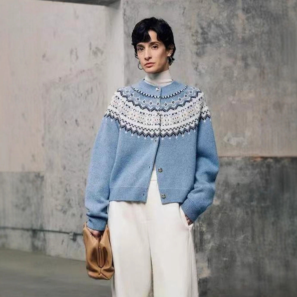 100% all wool fluffy warm, Fair Island jacquard shoulder sleeve knitted cardigan