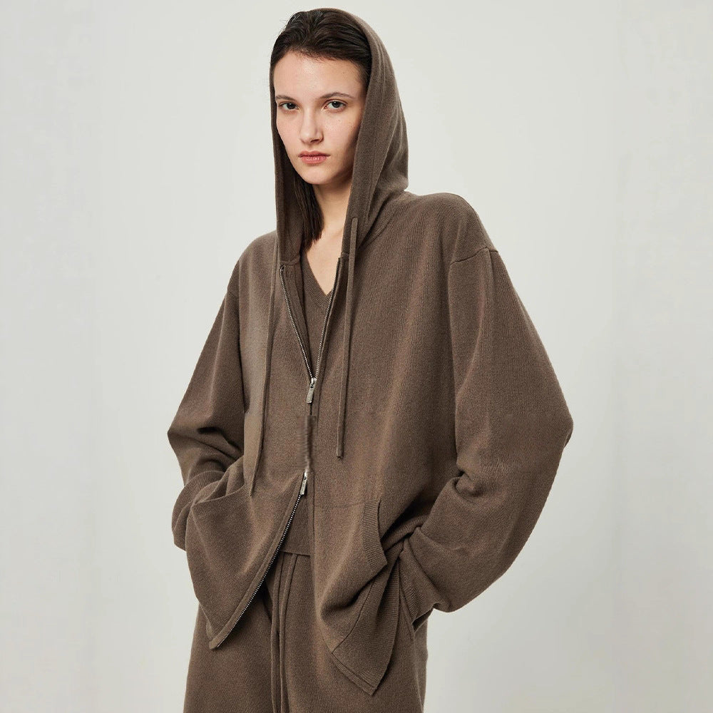 Extremely Fine Gentle Merino Wool Minimal Slack Zipper Sweater Knitted Three-Piece Hoodie