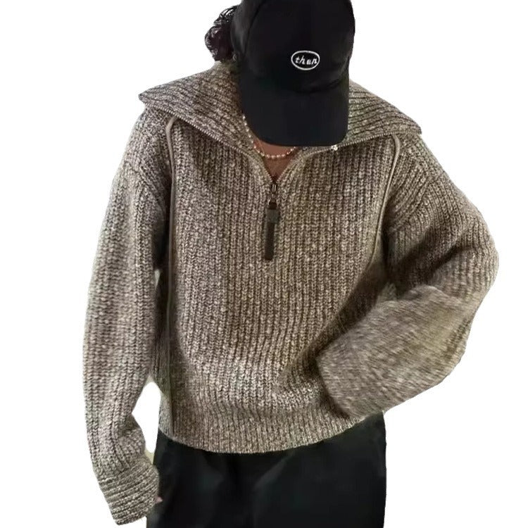 High-necked half-placket hemmed wool sweater women's 2025 spring and autumn new lapel thickened knitted sweater women's clothing