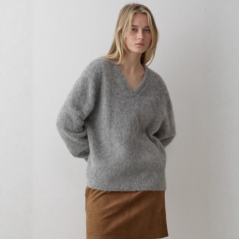 autumn and winter new V-neck alpaca wool knitted sweater loose and versatile fashion thin sweater women