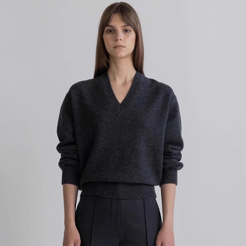 V-neck sweater women's 2025 spring and autumn new lazy wind gray wool blended knitted sweater women's clothing