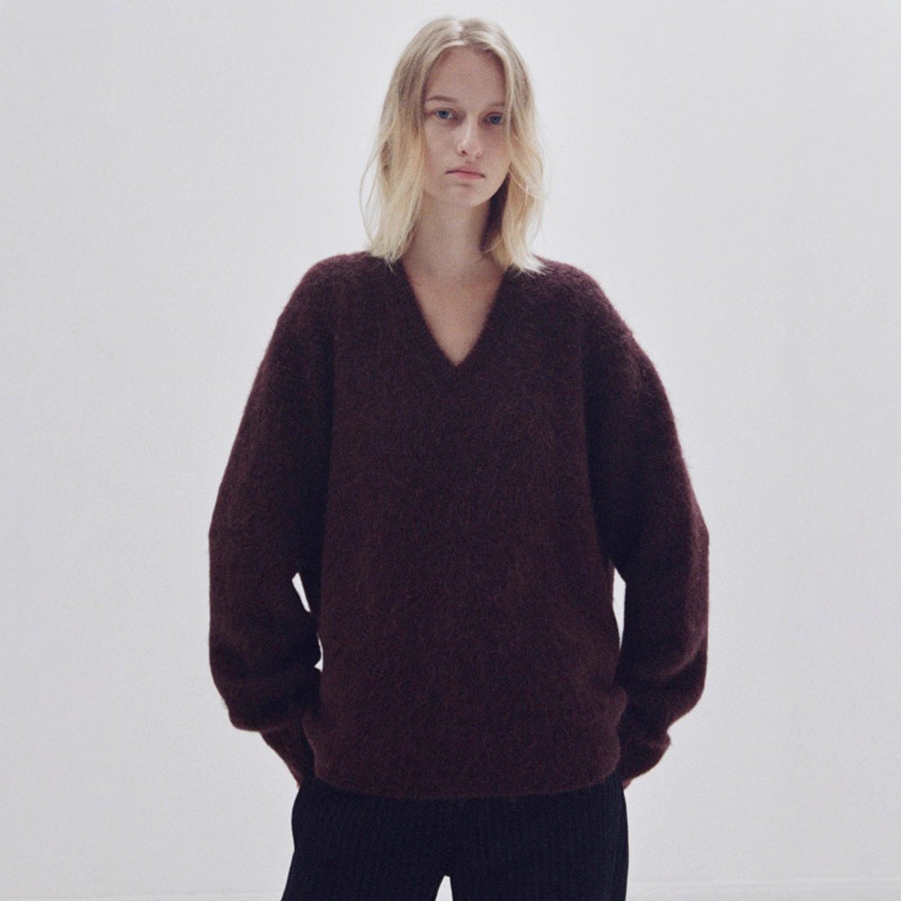 autumn and winter new V-neck alpaca wool knitted sweater loose and versatile fashion thin sweater women