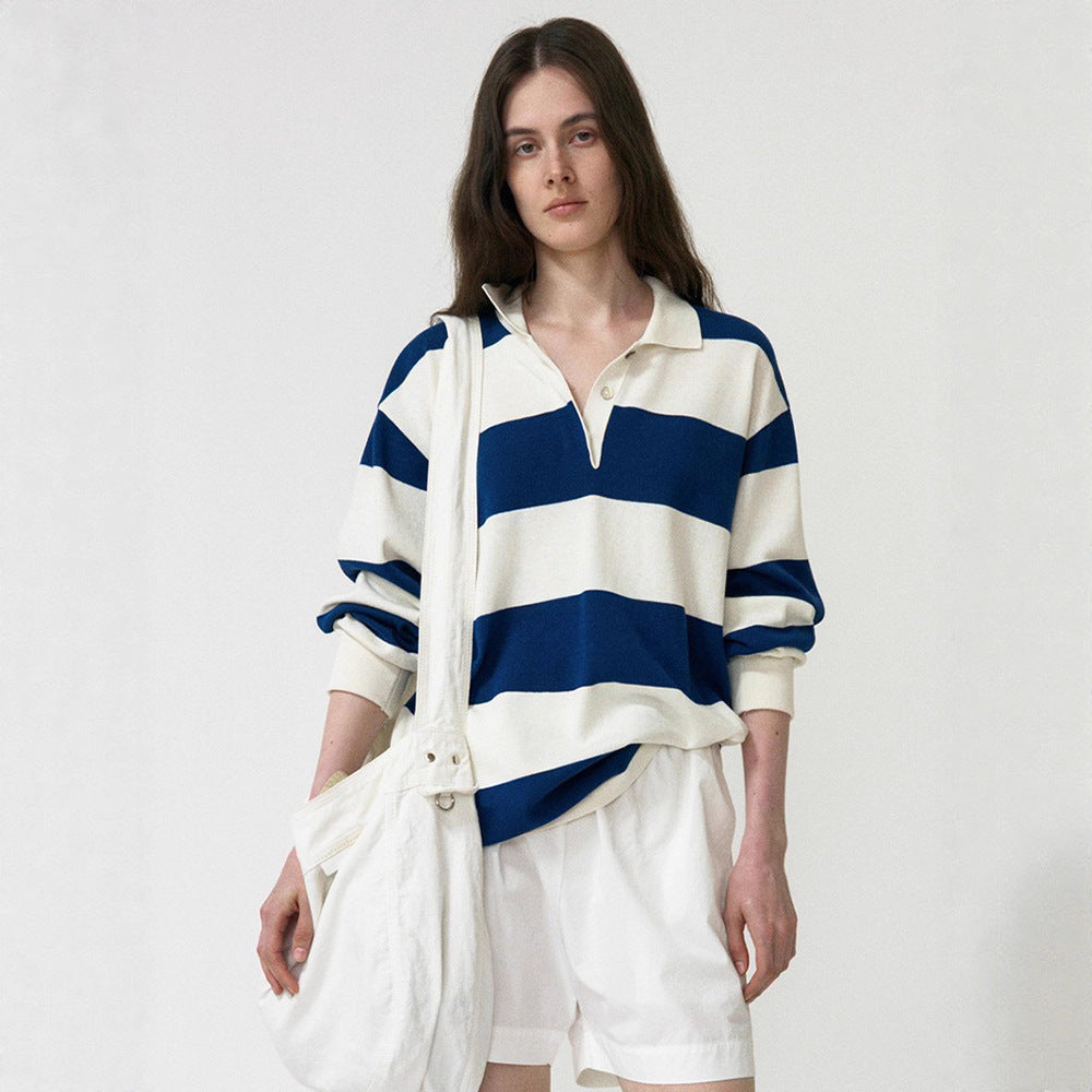 Korean niche 2025 new, striped sweater lapel long-sleeved top loose knitted sweater