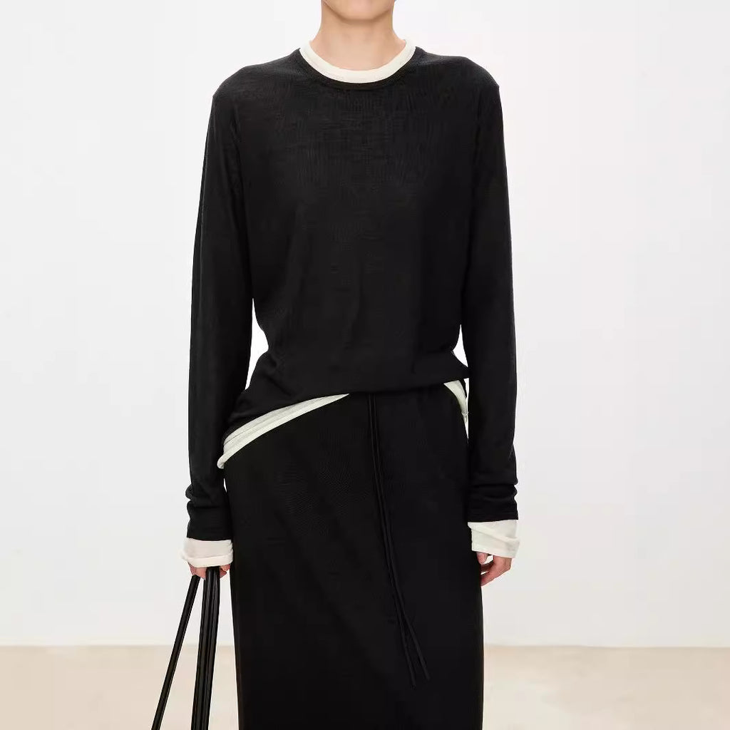 Niche minimalist autumn and winter new 16-pin loose round neck long-sleeved white knitted sweater casual women's top women's