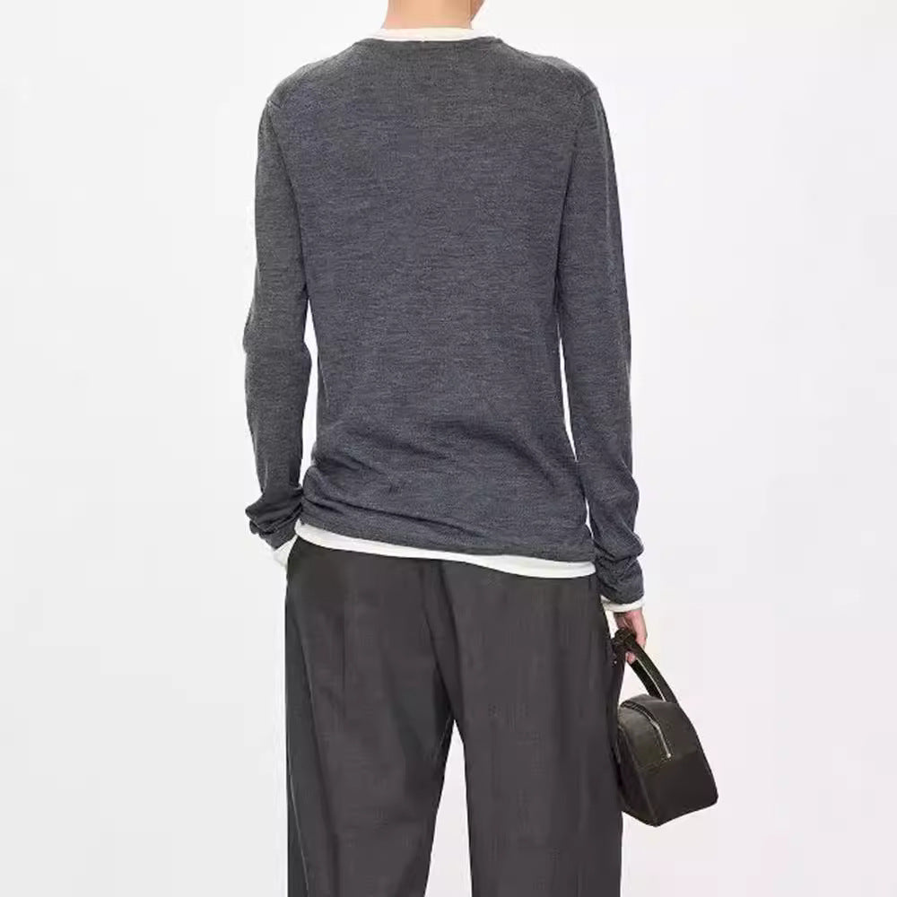 Niche minimalist autumn and winter new 16-pin loose round neck long-sleeved white knitted sweater casual women's top women's