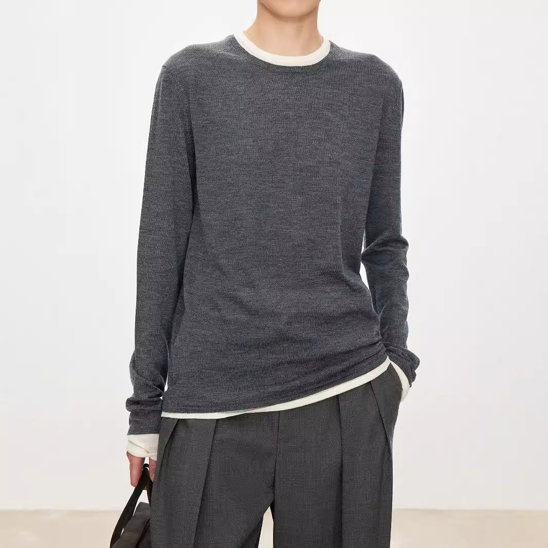 Niche minimalist autumn and winter new 16-pin loose round neck long-sleeved white knitted sweater casual women's top women's