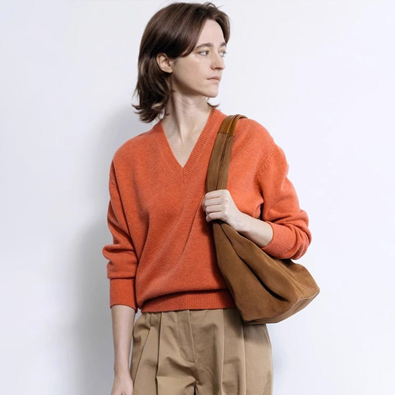 V-neck sweater women's 2025 spring and autumn new lazy wind gray wool blended knitted sweater women's clothing