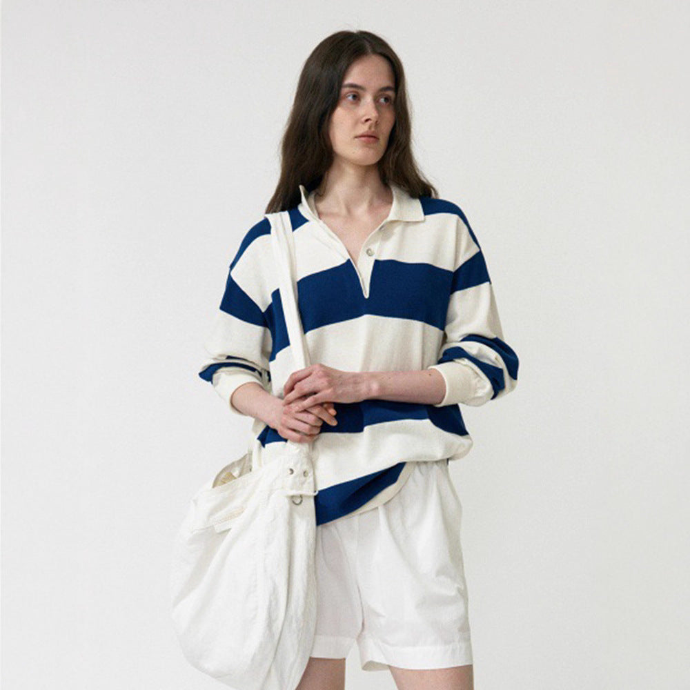 Korean niche 2025 new, striped sweater lapel long-sleeved top loose knitted sweater