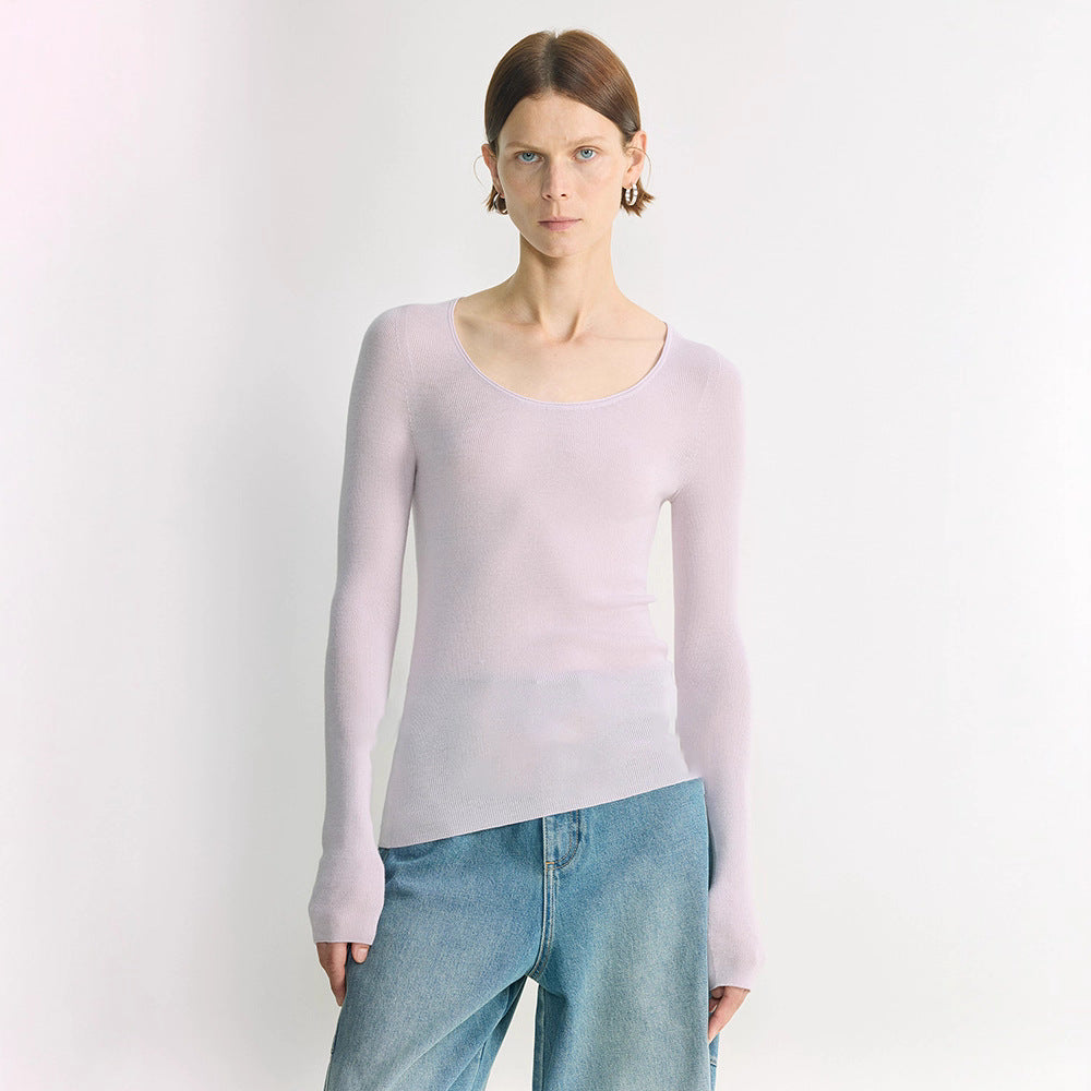 Washable fine wool nude 16-pin seamless all-in-one knitted bottoming shirt women's clothing