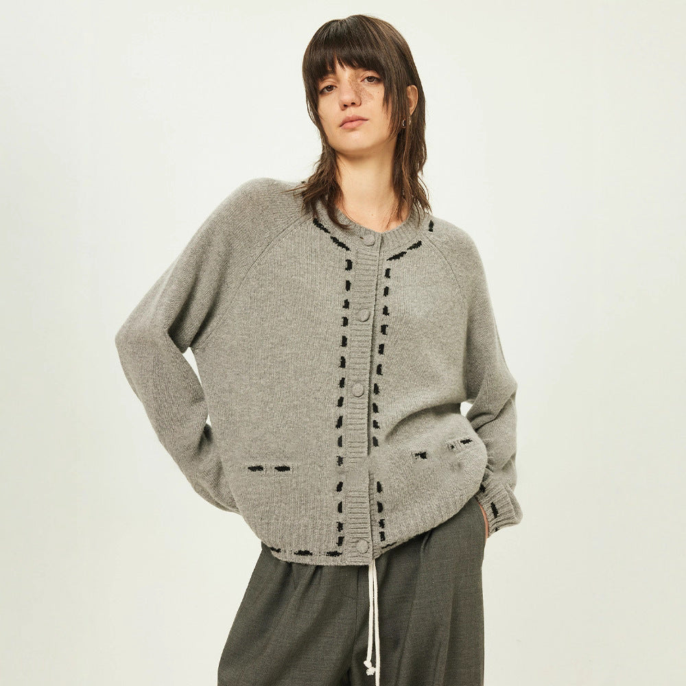 Contrast color thread jacquard lazy simple soft cashmere wool loose comic knitted cardigan