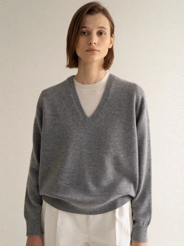 V-neck sweater women's 2025 spring and autumn new lazy wind gray wool blended knitted sweater women's clothing