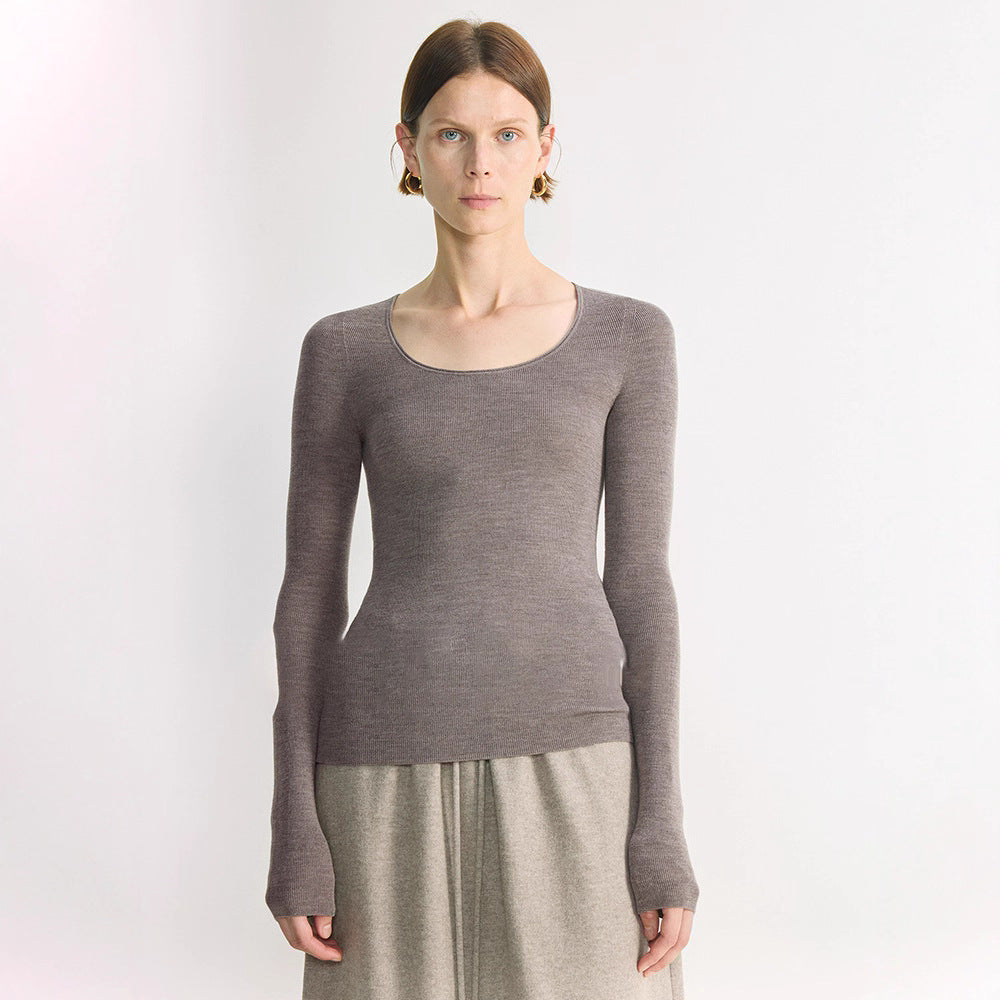 Washable fine wool nude 16-pin seamless all-in-one knitted bottoming shirt women's clothing