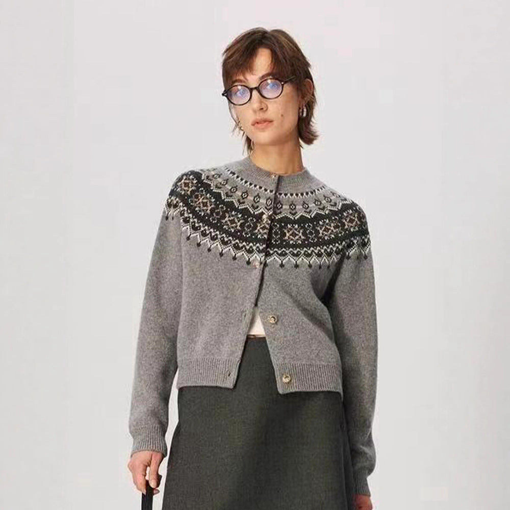 100% all wool fluffy warm, Fair Island jacquard shoulder sleeve knitted cardigan