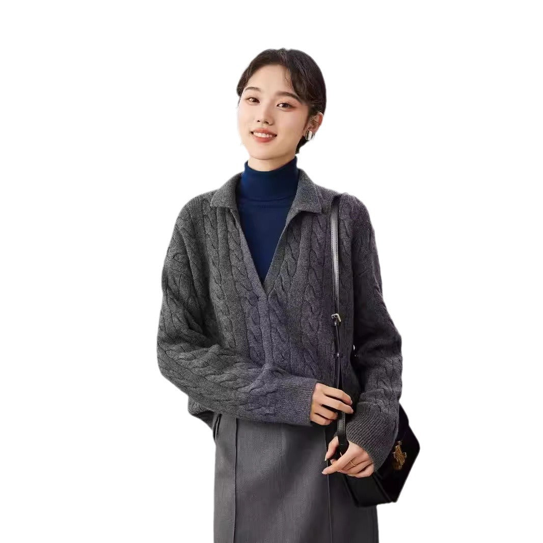 25 autumn and winter new Ralph old money style Maillard color twisted half open full wool polo wool sweater top women