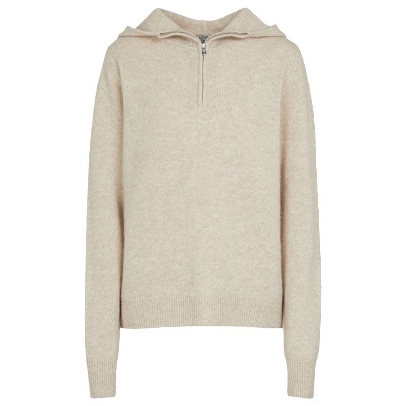 2025 spring and autumn new hooded knitted sweater women's design sense niche light cooked cashmere wool solid color sweater