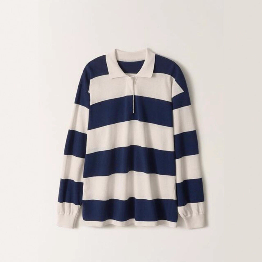 Korean niche 2025 new, striped sweater lapel long-sleeved top loose knitted sweater