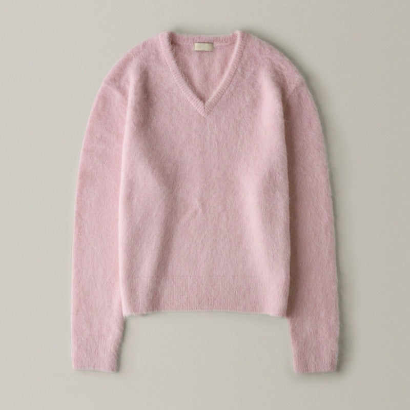 autumn and winter new V-neck alpaca wool knitted sweater loose and versatile fashion thin sweater women