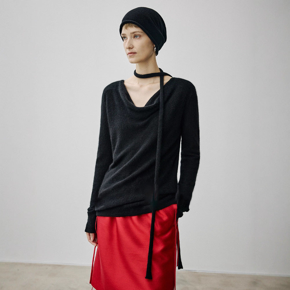 Silk cashmere wool fluffy light loose curled sausage streamer neck knitted top