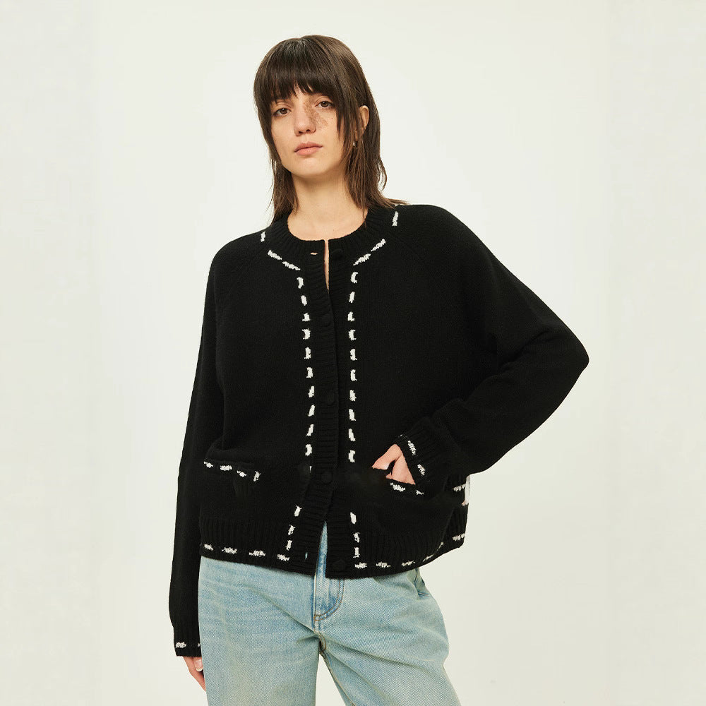Contrast color thread jacquard lazy simple soft cashmere wool loose comic knitted cardigan