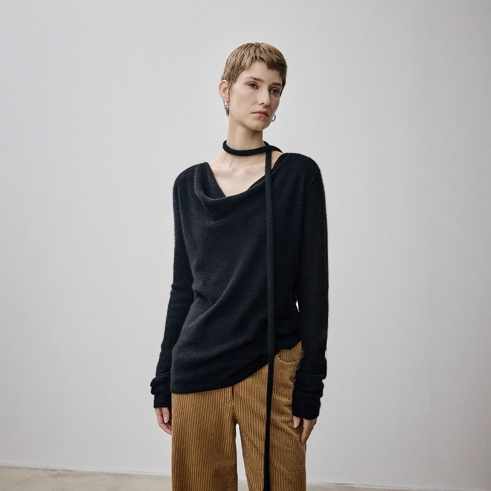 Silk cashmere wool fluffy light loose curled sausage streamer neck knitted top